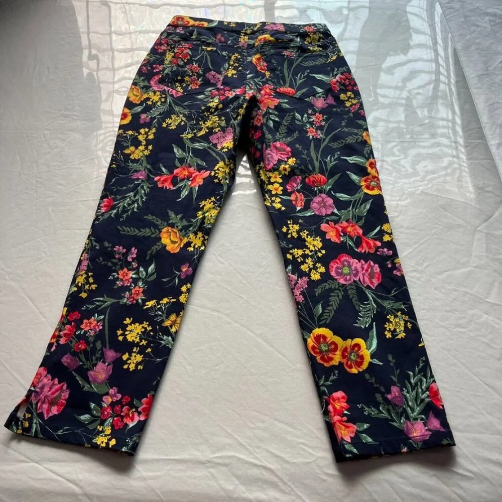 Susan Graver Floral Stretch Pull-On Pants Navy Multi Size 4
